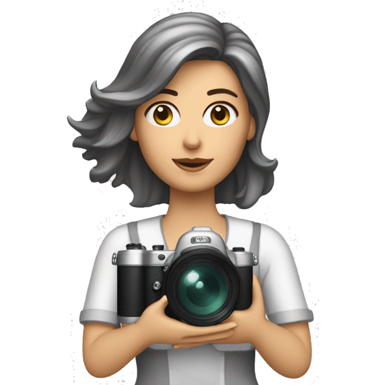 White film director woman holding a cinema camera. Change the woman to an armenian woman wil silver streaks in the front of her hair. emoji