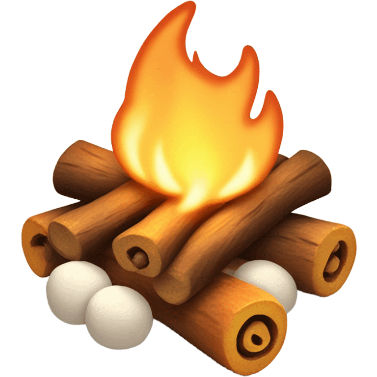 Illustrate a whimsical emoji of a cozy campfire with a happy face in the flames, surrounded by tiny roasting marshmallows on sticks emoji