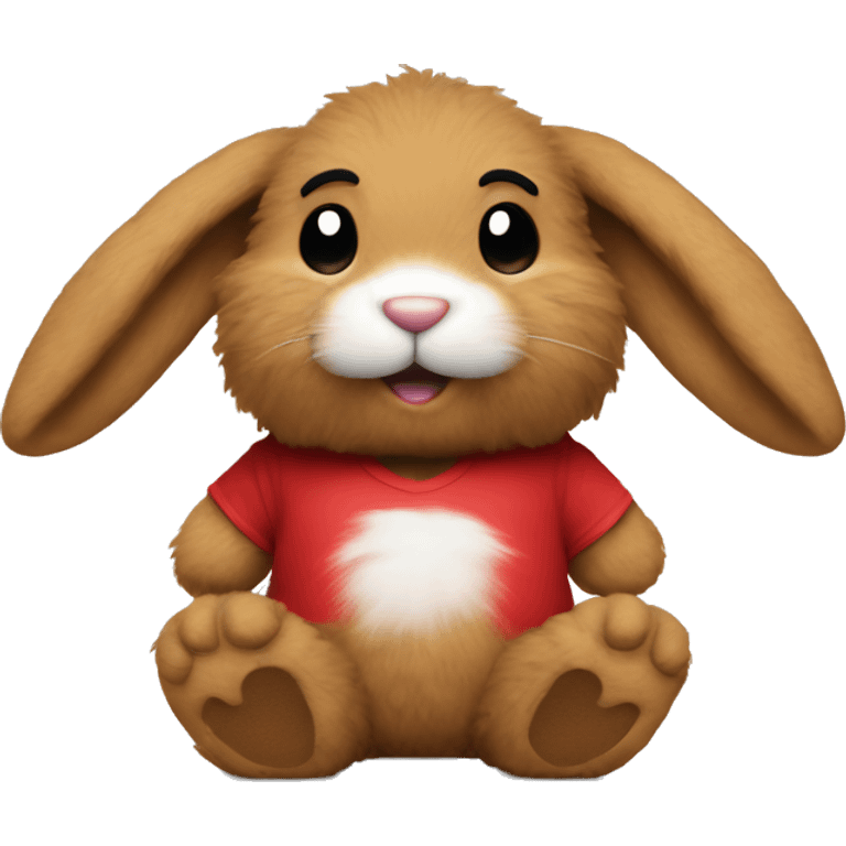 Fluffy brown rabbit toy, long floppy downwards ears, wearing red tshirt  emoji