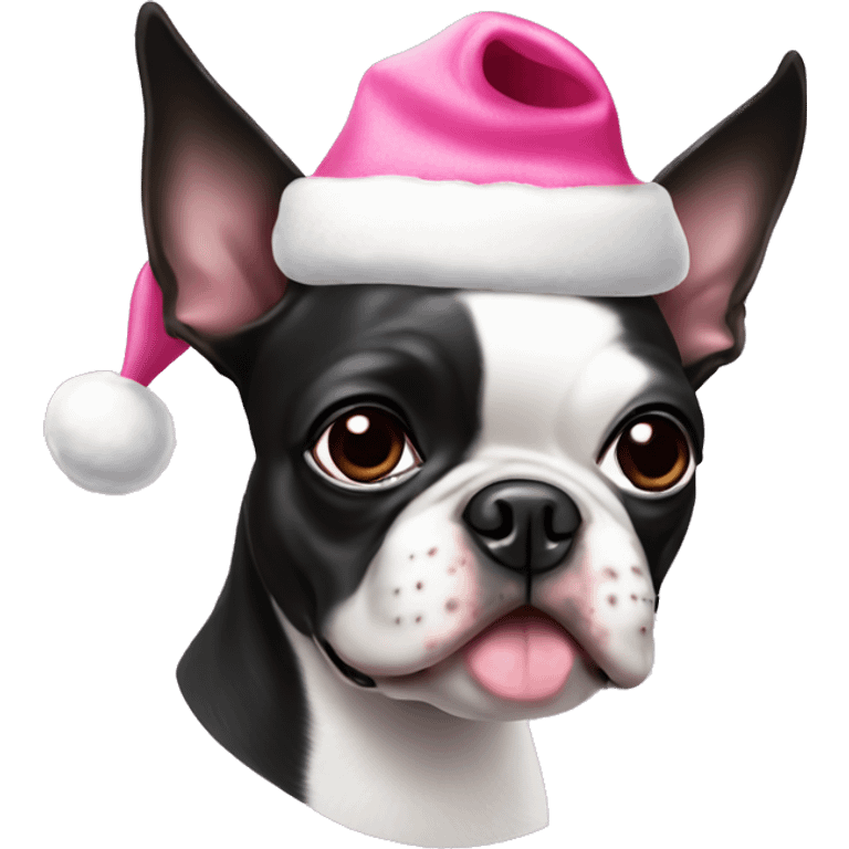 Boston Terrier wearing pink Santa hat emoji