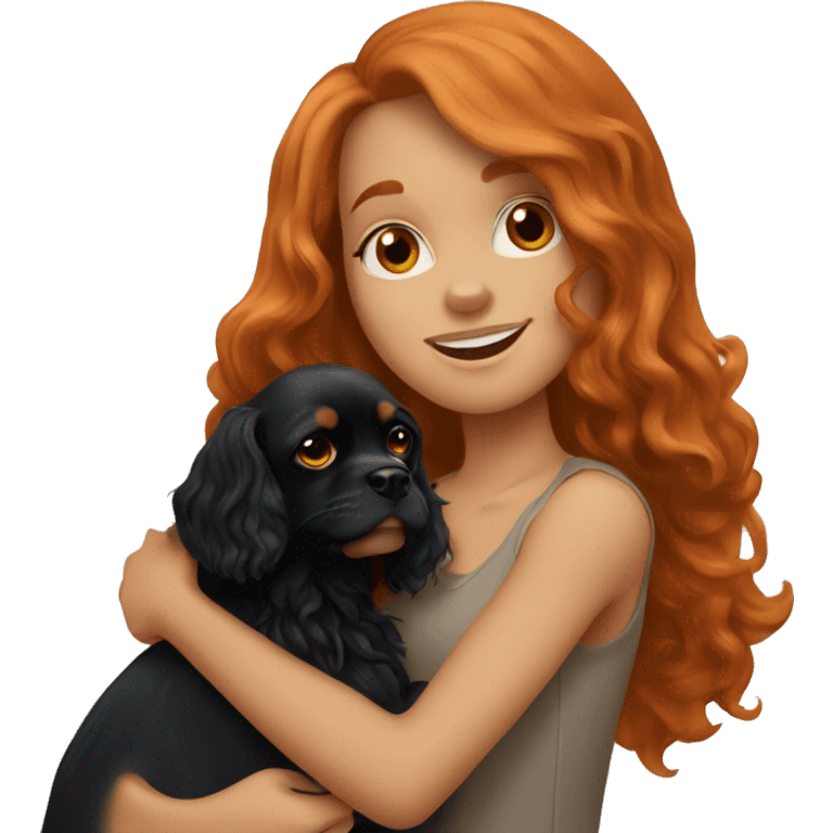 Ginger hair girl hugging a black Cavalier King Charles Spaniel dog emoji