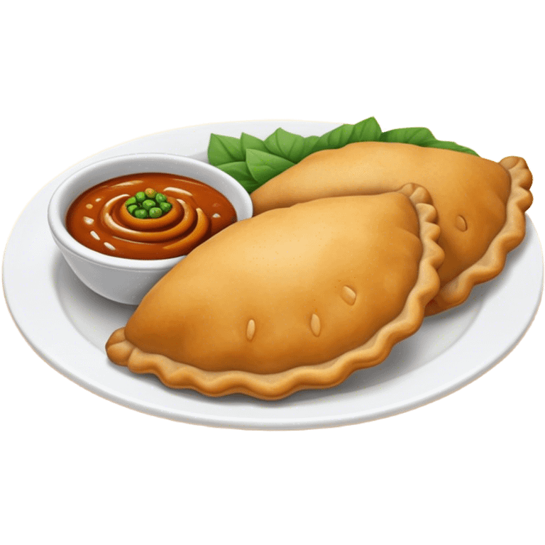 Cinematic Realistic Colombian Cornmeal Empanadas Emoji, showcasing the golden, crispy shell filled with savory meats and spices, served with a side of aji dipping sauce, rendered with vibrant textures and warm, inviting lighting. emoji