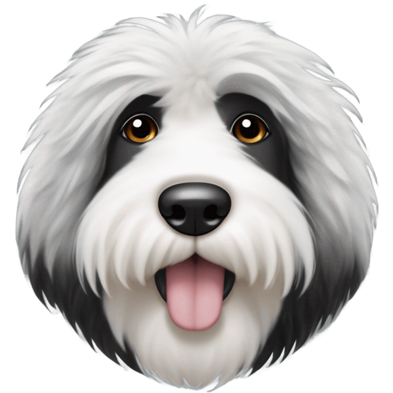 Fluffy Old English sheepdog face with the left half of his face white and the black half of his face black. White around the mouth and nose emoji