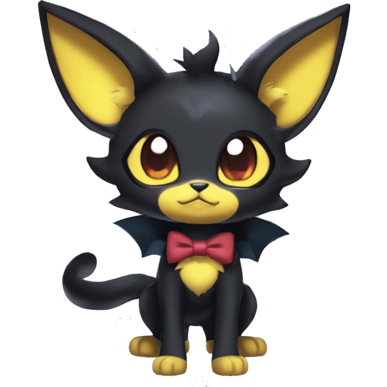 Shiny Dark Cool Edgy Black beautiful ethereal fantasy Kawaii Sona Umbreon-Litten-Fakemon-cat-animal with edgy bat-ears bow tie black emo-mane vtuber model Full Body emoji