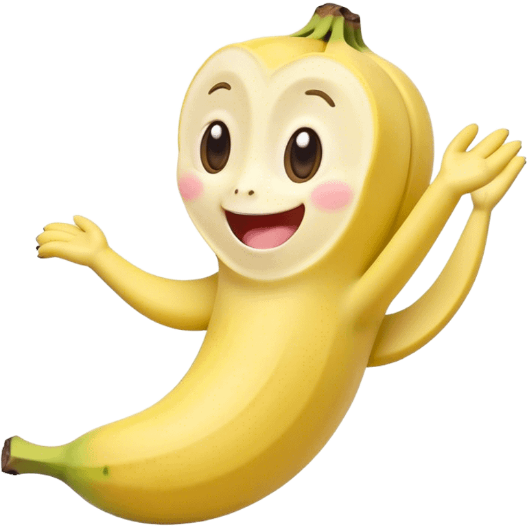 Cute Kawaii Banana, slightly curved, soft pastel yellow, cute giggling face with big round eyes, tiny arms waving happily, a peeled section revealing a smiling expression! emoji