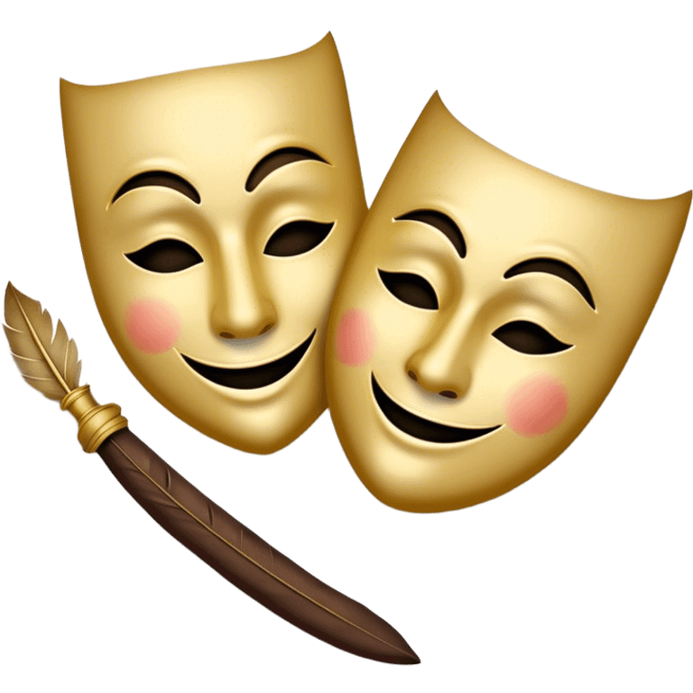 Create a dramatic emoji representing dramaturgy. The design should feature a classic theatre mask (comedy and tragedy), with one mask displaying a smiling face and the other a sad one. Include elements like a quill or fountain pen to symbolize the writing process, with dramatic lighting or shadows to enhance the theatrical feel. The background should be elegant, possibly with a curtain or spotlight effect, evoking a sense of drama and performance. Make the background transparent. emoji