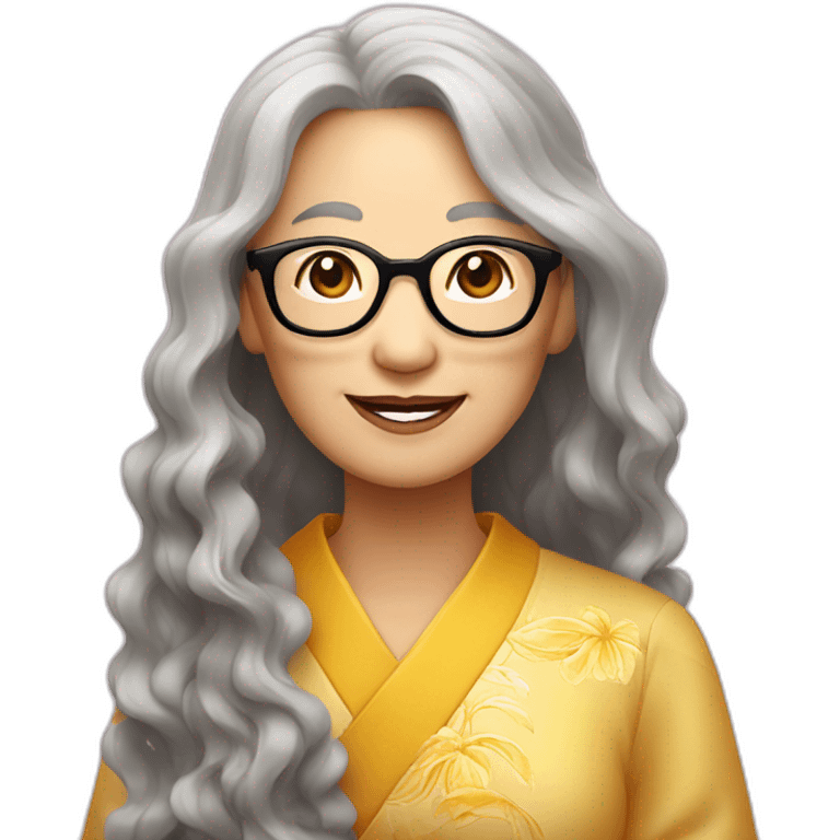 Chinese senior lady has wavy long hair wear glasses show love sign emoji