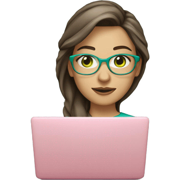 Female coding teacher with a laptop, with long brunette hair, green eyes, fair skin, teal eye glasses and a pink feminine shirt emoji