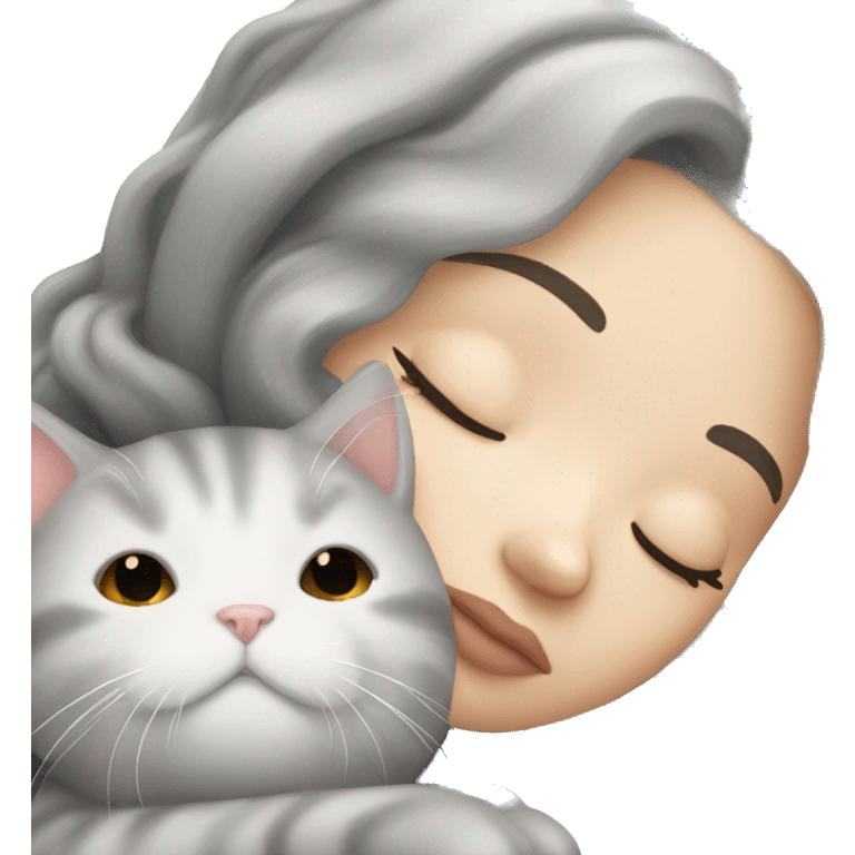 White girl black hair sleeping with light grey kitty emoji