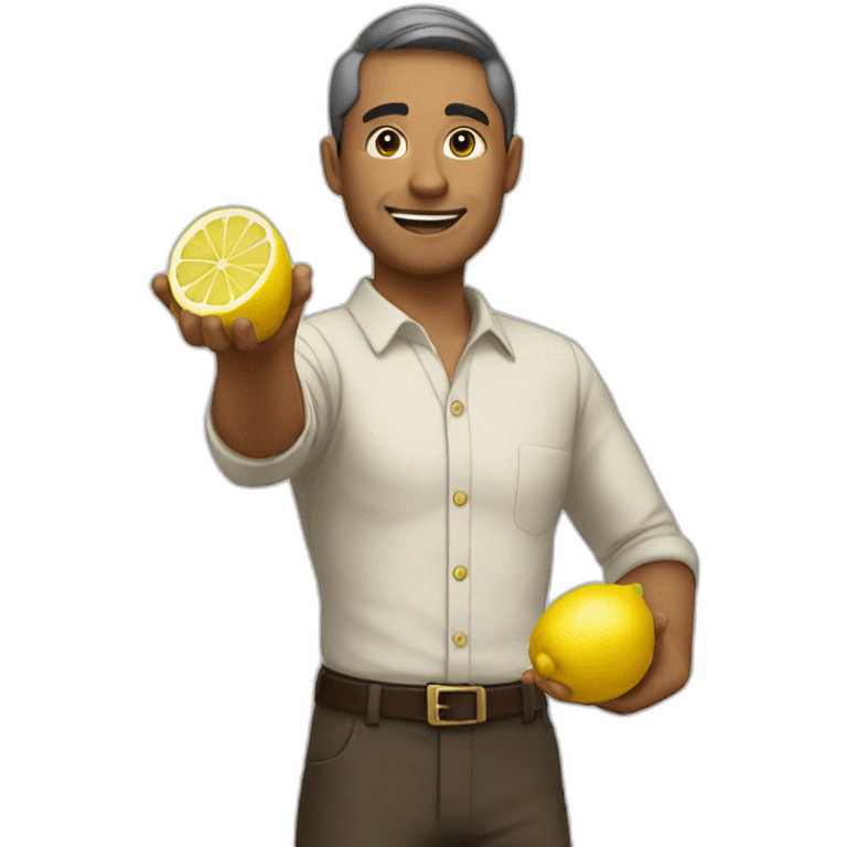 a man pointing with a lemon in his hand emoji