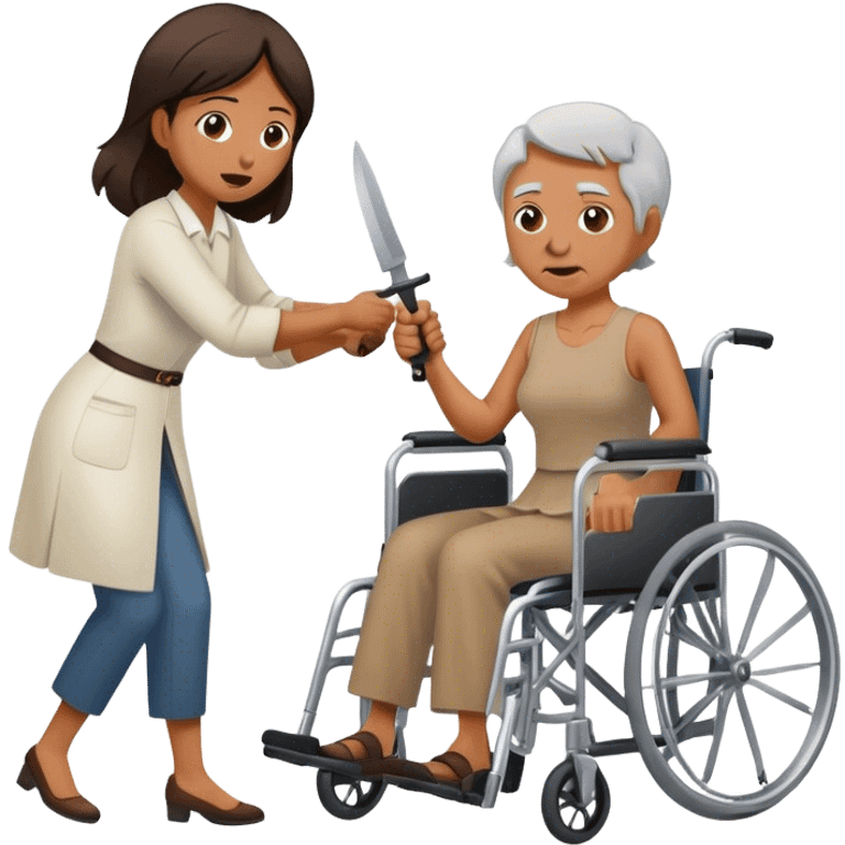 Woman with a knife in one hand, pushing with the other a wheelchair with an old man emoji