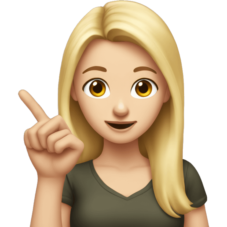 A white girl, a blonde, with an important facial expression, spins the finger of one hand, near the nose. emoji