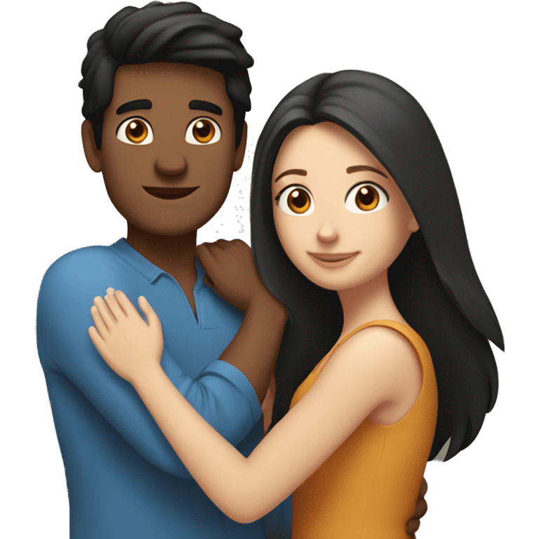 Friends hugging each other. Indian man with black hair. White woman with blue eyes and long brown hair emoji