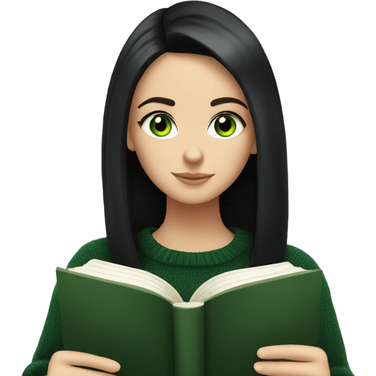 White girl with black hair and green eyes in a black sweater reading a book emoji