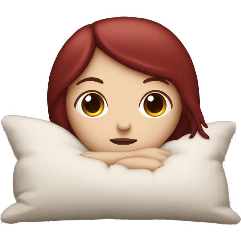 White girl with dark red hair and bangs holding pillow sleepy cozy emoji