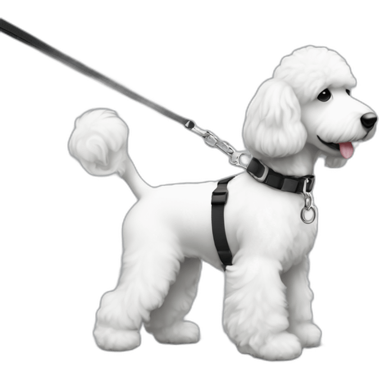 side profile medium sized black and white ausssiedoodle on a leash emoji