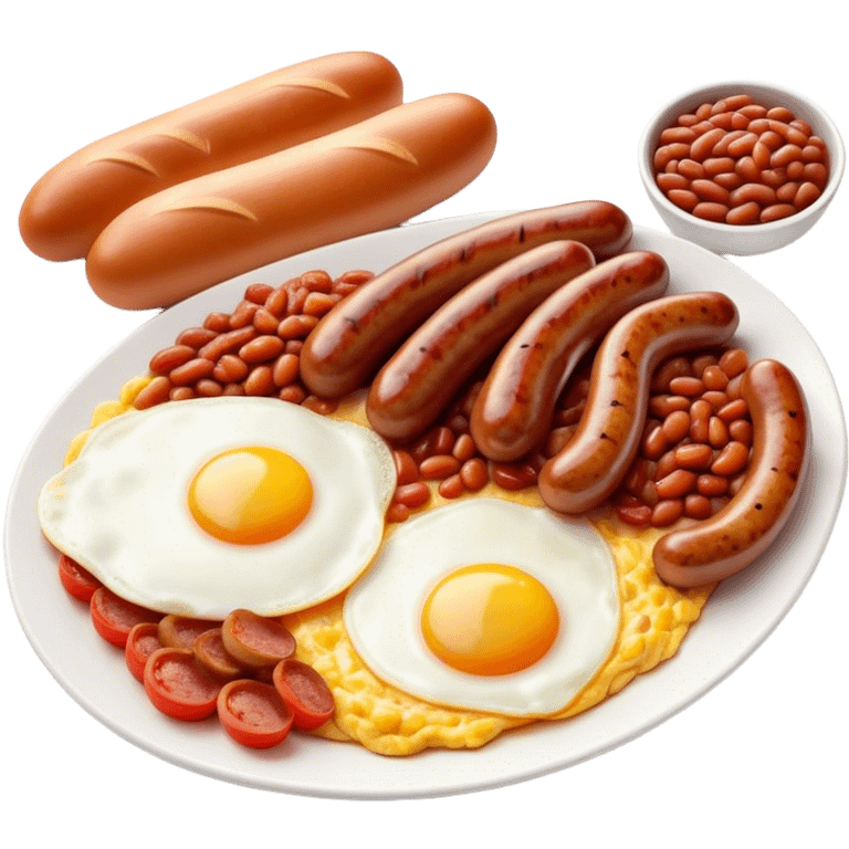 Cinematic Realistic English Breakfast Dish Emoji, showcasing a hearty ensemble of eggs, bacon, sausages, baked beans, and grilled tomatoes rendered with lifelike texture and vibrant, appetizing detail that exudes comforting tradition. emoji