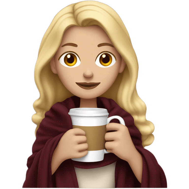 Blonde white lady in a dark burgundy blanket sipping coffe emoji