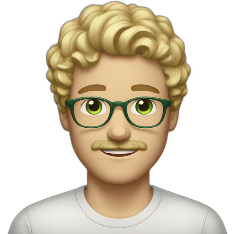 young adult white man with short, curly blond hair, green eyes, transparent acetate glasses, a mustache, and a short beard. emoji