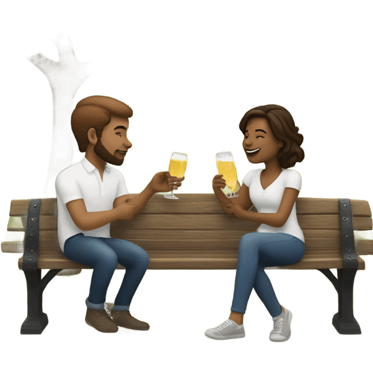 couple with white skin people and brown hair, sitting closely on a park bench, enjoying a romantic moment. One person is holding a croissant, and the other is holding a glass of Prosecco.  emoji