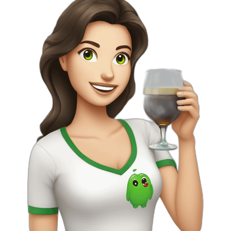 brunette woman holding fernet branca glass smiling green eyes big white t-shirt emoji