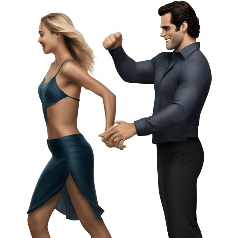 realistic photo of Henry Cavill close dancing with a beautiful female model  emoji