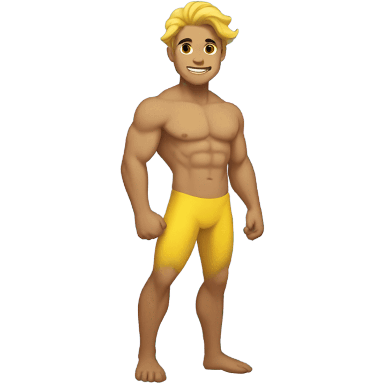 Tan muscular merman with dark hair and yellow tail emoji