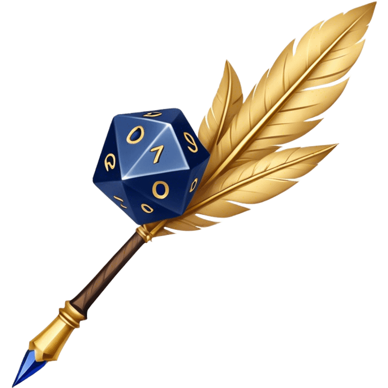 A golden quill crossing with a d20 that has no marks or numbers
Color: Gold and deep navy blue emoji