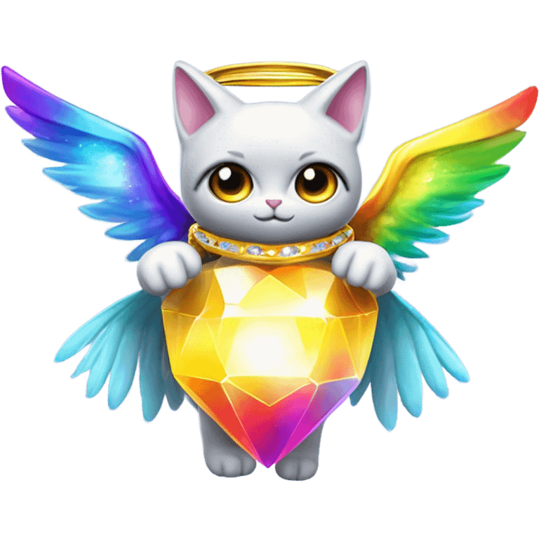 Transcendent Heavenly Rainbow 4d Diamond ultra mega surpream beyond Omni-Cat God with wings and a ring around its body and another ring above it’s head full body emoji