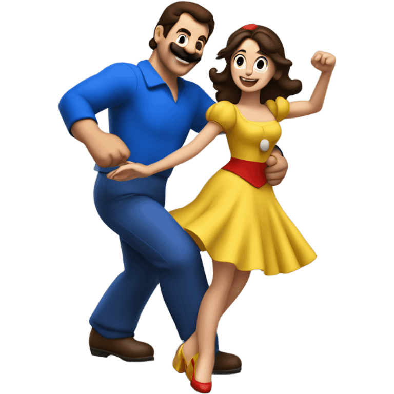 Brunette Woman dancing with a man wearing a giant Mario costume head emoji