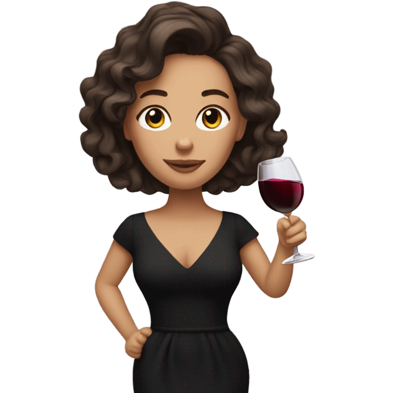 white girl with wavy brunette hair, holding a glass of wine while wearing a black dress emoji