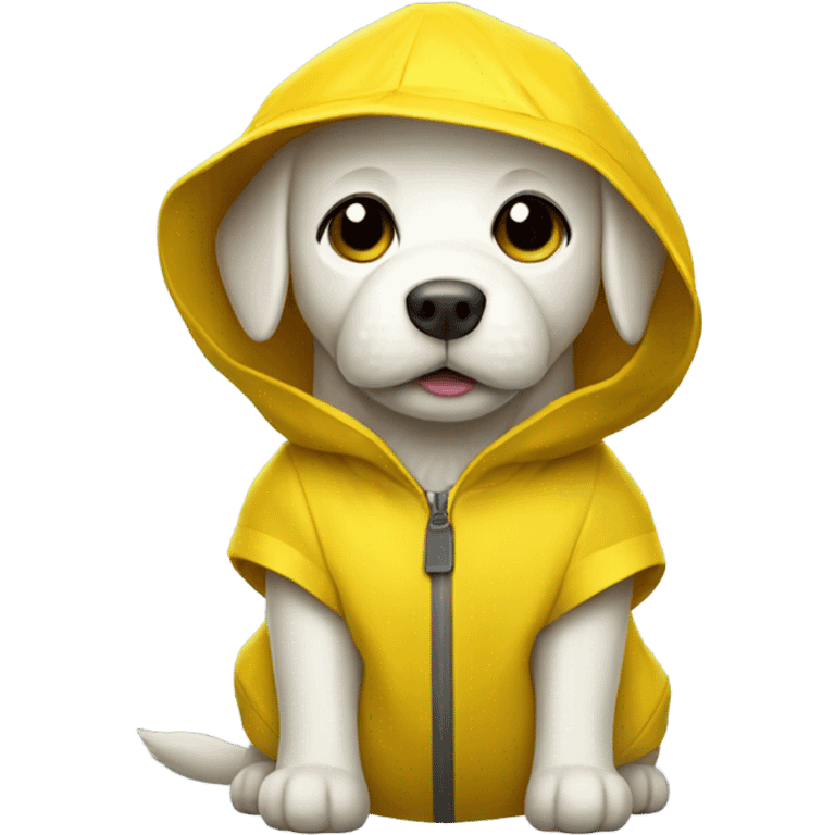 White dog with yellow rain hat and jacket emoji