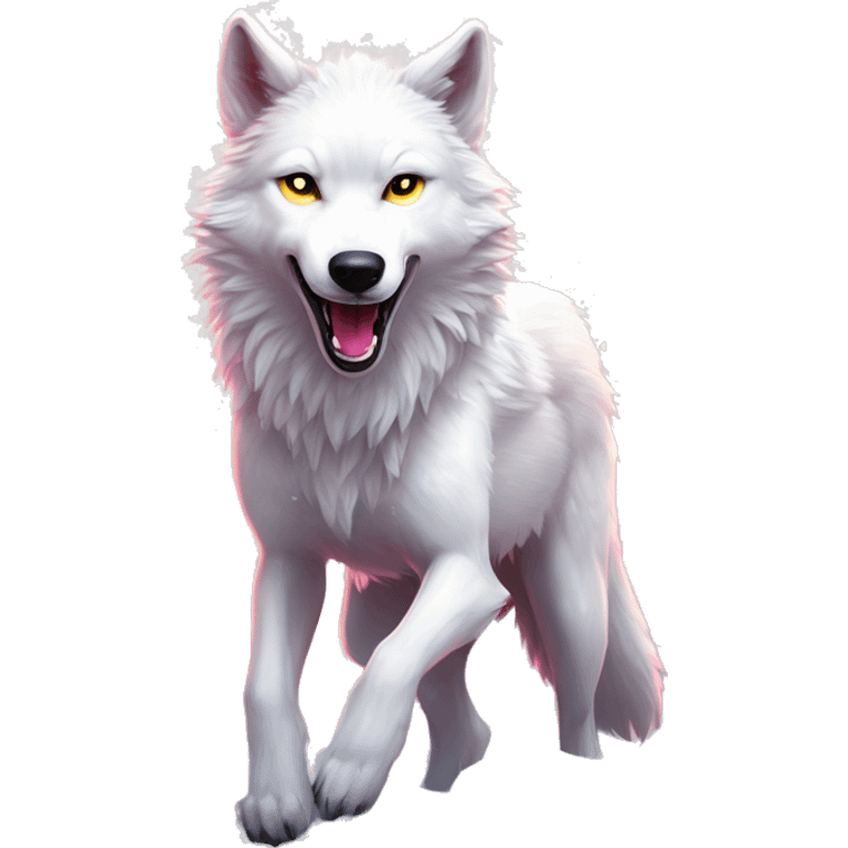 Sparkling crazy white aggressive wolf dancing snow mad big eyes illustration doodle high contrast lightning bolt halo sun beams white pink yellow red party sparkle glitter emoji