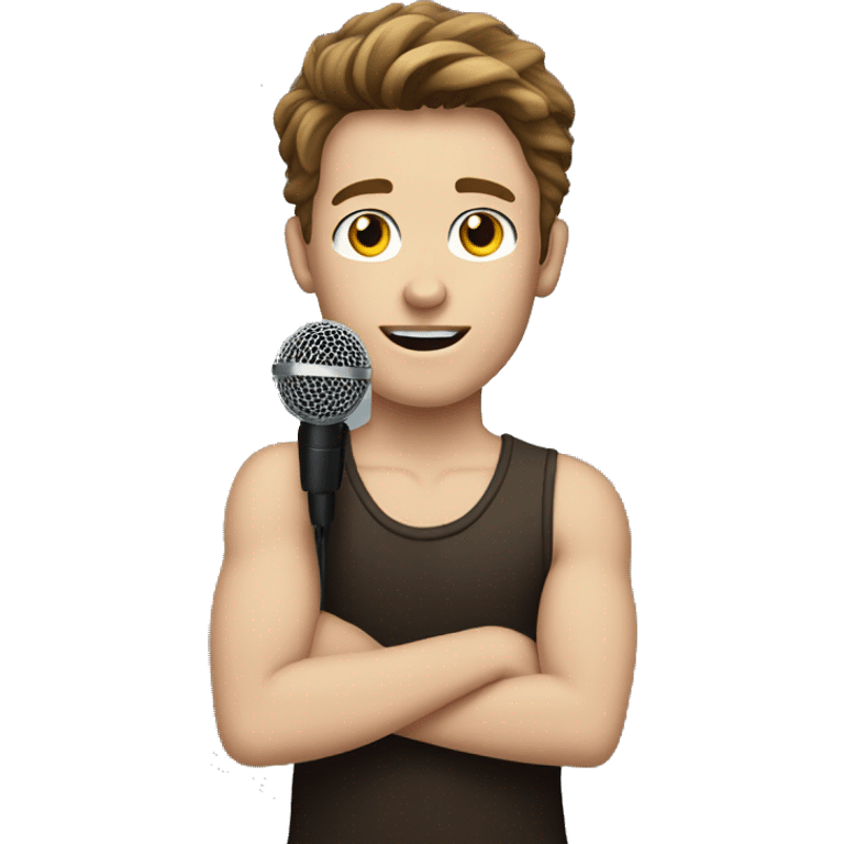 White boy with brown hair with arm tattoos holding a microphone  emoji