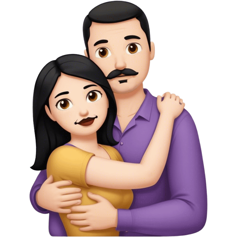 Tall strong white man with dark brown mustache goatee hugging a chubby short pale woman with long black hair emoji