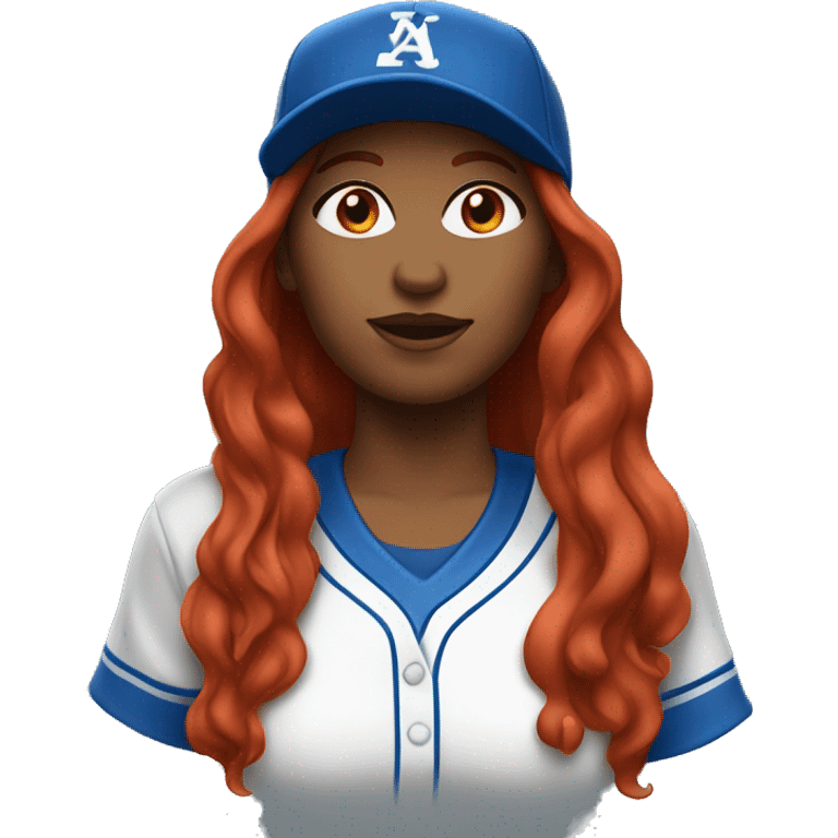 front facing standing up female coach with long red hair, wearing a white t-shirt and a simple baseball blue hat emoji