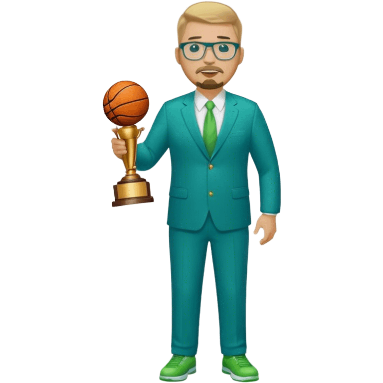 Full Body white plus size man  wearing glasses with a goatee with dirty blond short hair basketball head Coach in blue and green suit holding trophy emoji