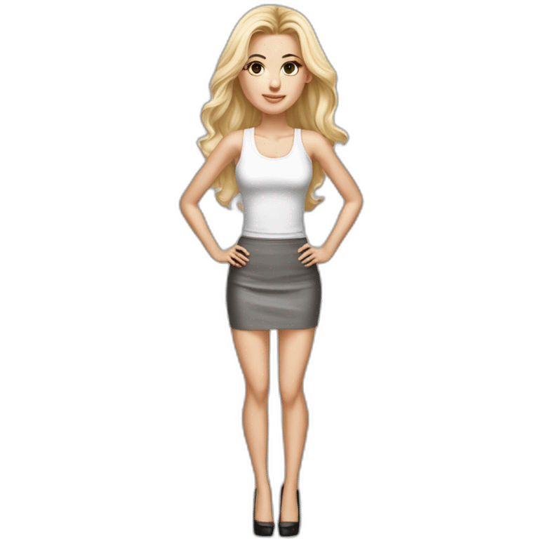 hyperrealist caucasian, long blonde hair, brown eyes, woman, white decollette tank top, gray tight mini skirt, black high heels, frontal view emoji