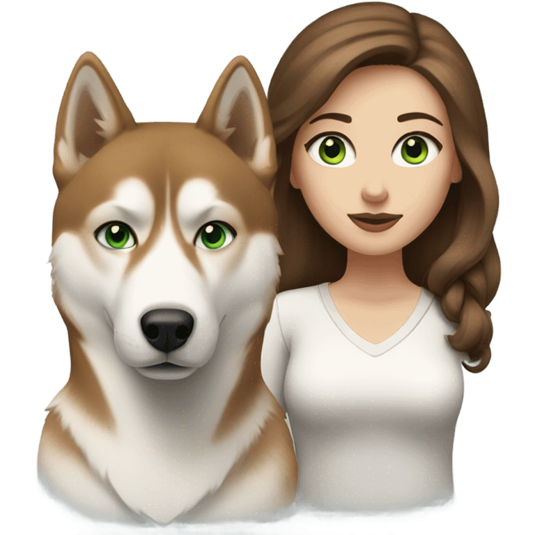 White Woman hair brown and bleus eyes and golden Husky With green eyes emoji