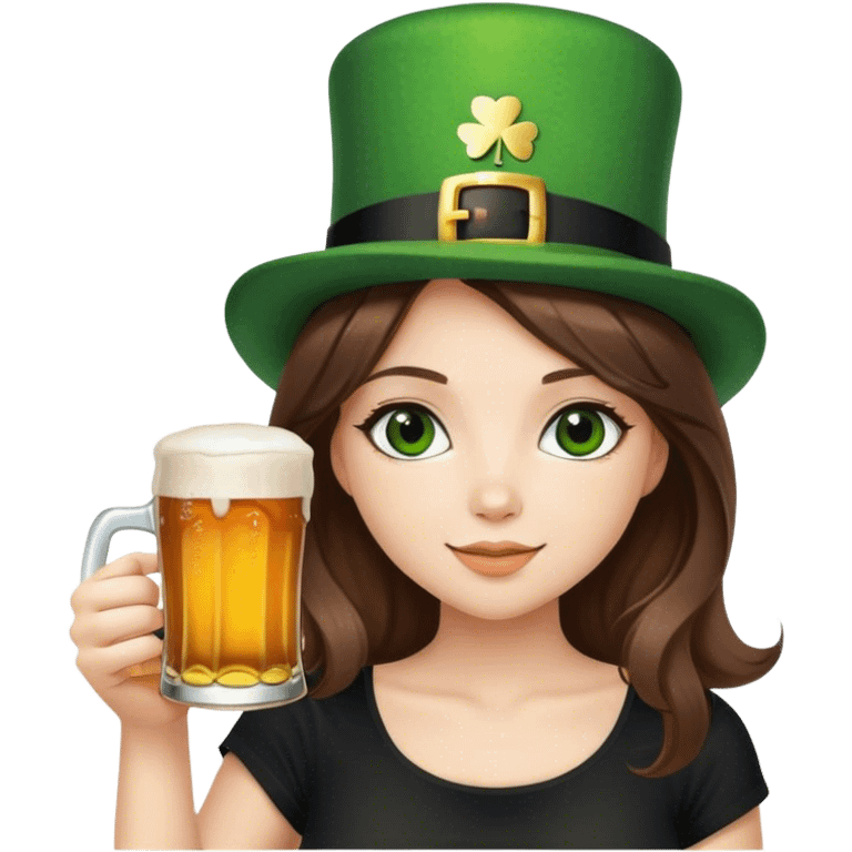 brunette hair down girl black top holding a beer make her st. pattys themed emoji