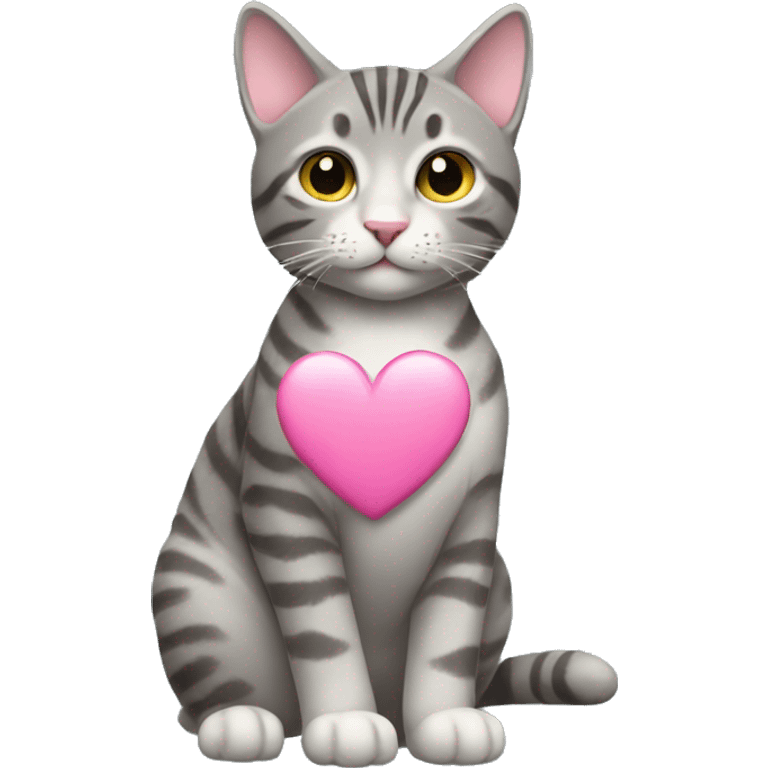 gray tabby cat with pink heart emoji