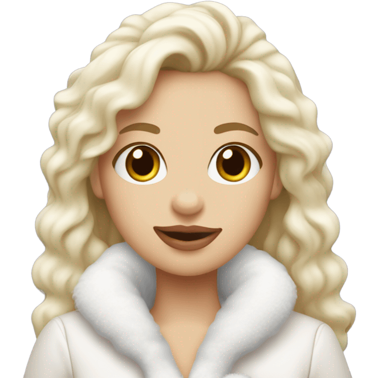 blonde girl wearing white fluffy jacket and a coffee to go in hand all dress white and a white bow on hair emoji