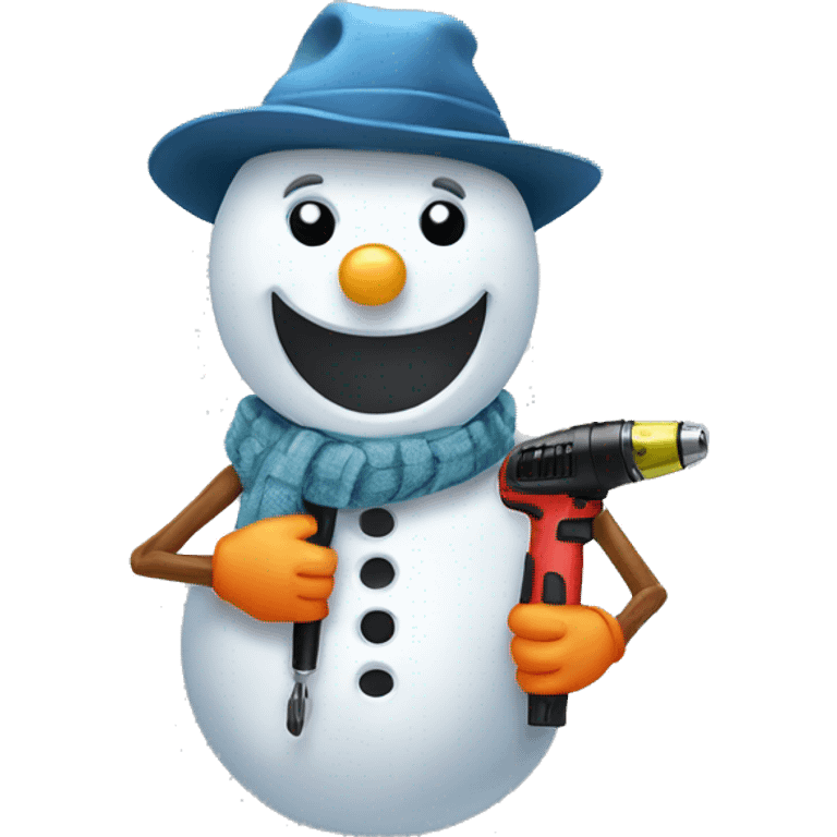 snowman with hat and scarf holding a drill emoji