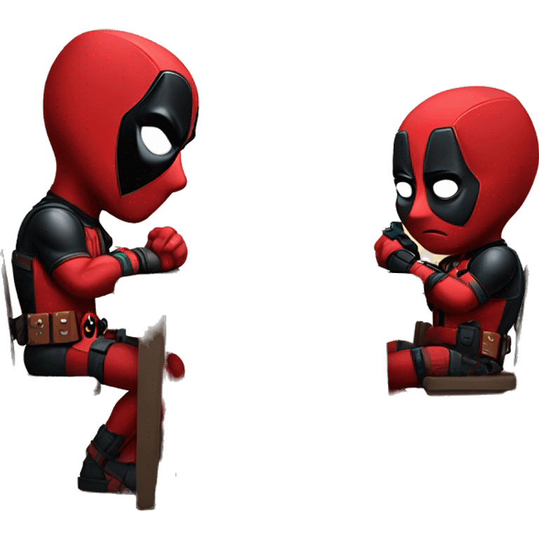 Cute Deadpool sitting at a desk, front view emoji