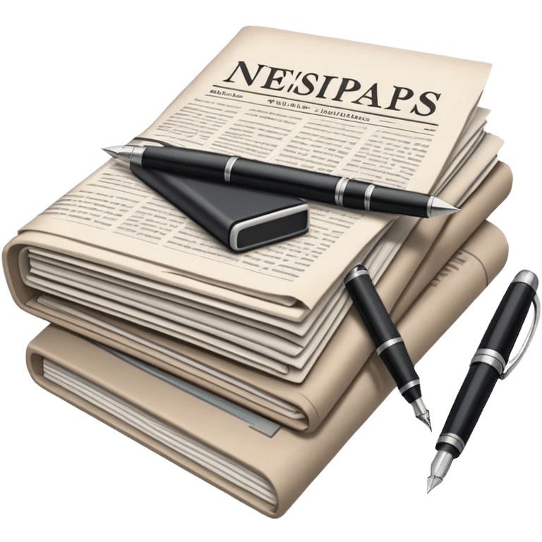 Create an emoji representing journalism and publicistic writing. The design should feature a stack of newspapers, an open notebook with visible text, and a single fountain pen placed near the notebook, symbolizing the act of writing. Use neutral, professional colors like black, white, and muted tones to convey a sense of seriousness and intellect. Do not include any emojis or smiley faces. Make the background transparent. emoji