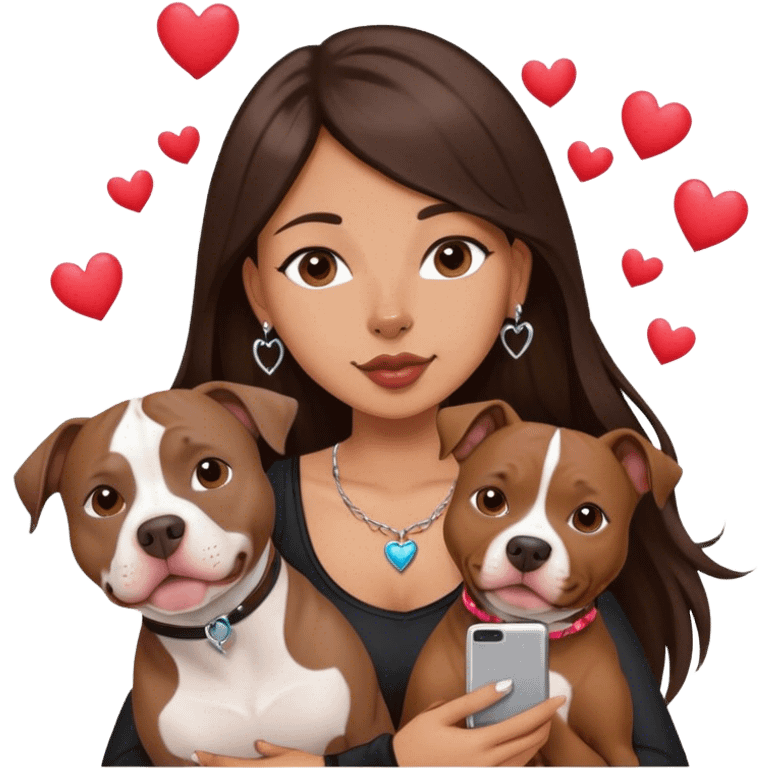 Young girl was long, dark brown hair sits with her dog who is a pretty girl pitbull with her cell phone in her hand in a small septum ring in her nose was hearts flying all around her emoji