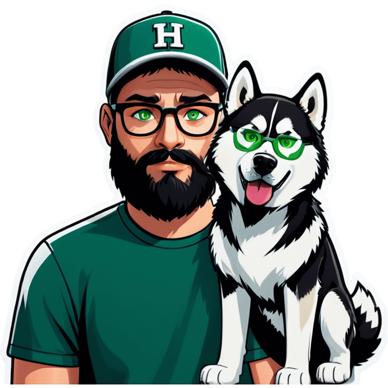 A bold man with a grey baseball cap, green eyes, big beard and glasses next to a husky dog emoji