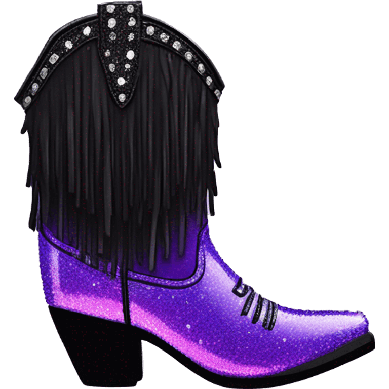 Realistic short neon purple to black ombre fashion cowgirl boot with sparkly shiny glitter fringe on them. emoji