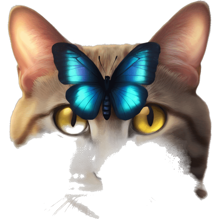 Dark iridescent butterfly glowing on top of cats head  emoji