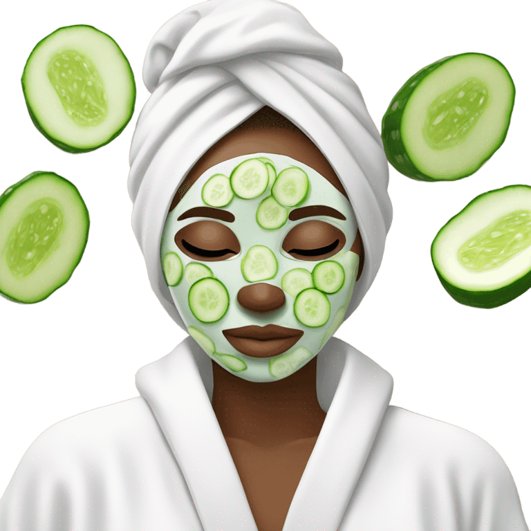 White girl with Brown hair and blue eyes wears a Green colored skincare clay textured mask and puts on cucumbers around her eyes while She relaxes in her white Robe emoji